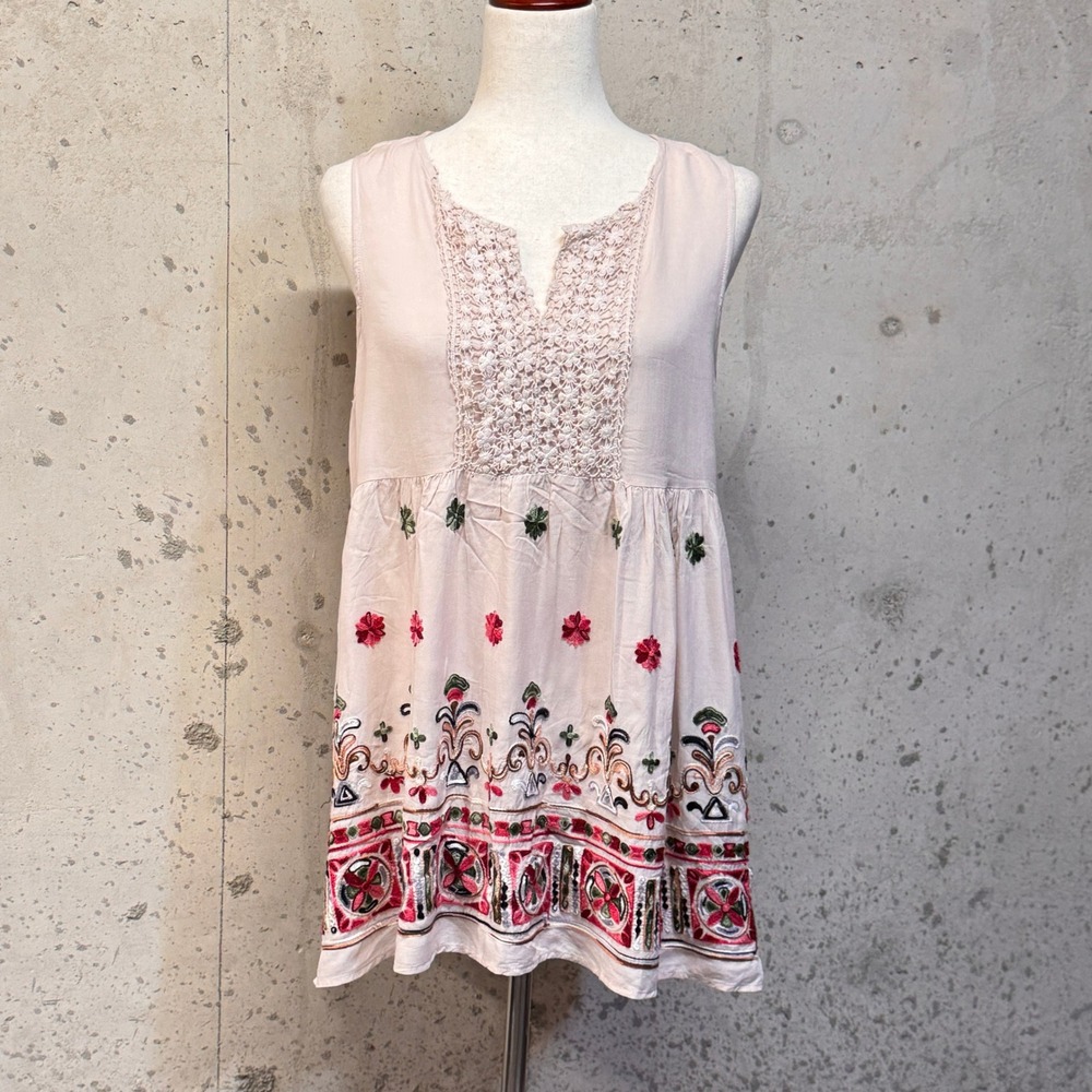 Pleione Embroidered Crochet Lace Tank Top Womens Medium Pink Boho Cottagecore